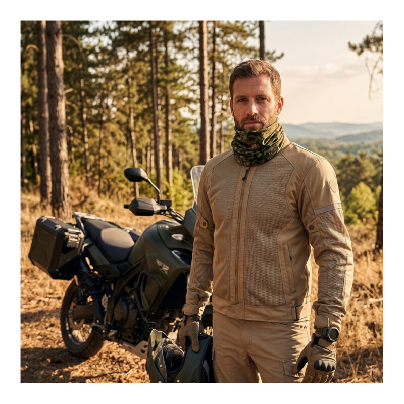 Man met lichte motorjas draagt de Buff Original NFP zomer nekwarmer in het bos naast een adventure motor