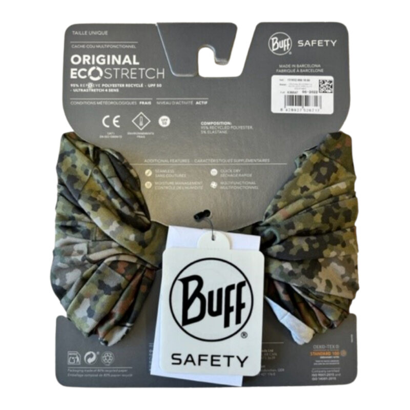 Achterkant van de Buff Original NFP verpakking met productspecificaties zoals UPF50 zonbescherming en 4-way stretch