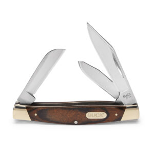 Klassiek Buck Stockman Woodgrain zakmes met drie uitgeklapte lemmeten van 420J2 RVS en een roodbruine houten handgreep
