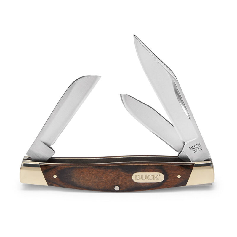 Klassiek Buck Stockman Woodgrain zakmes met drie uitgeklapte lemmeten van 420J2 RVS en een roodbruine houten handgreep