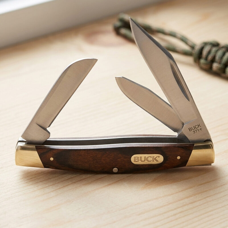 Zakmes Buck Stockman Woodgrain edc lifestyle foto met uitgeklapte lemmeten op een houten tafel met paracord op de achtergrond