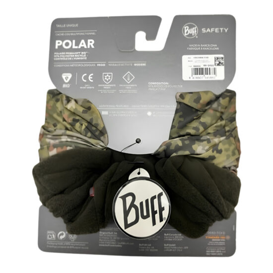 Achterkant van de Buff Polar NFP verpakking met productspecificaties zoals 3M Scotchlite™ reflectie