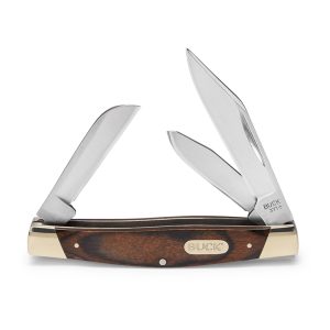 Klassiek Buck Stockman Woodgrain zakmes met drie uitgeklapte lemmeten van 420J2 RVS en een roodbruine houten handgreep